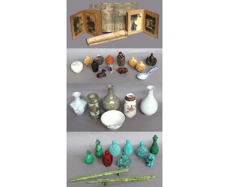 Assorted Decorative Asian Art, including an amber netsuke formed as a horse, a similar snuff bottle formed as a carp, various