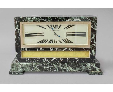 An Art Deco Green Marble Mantel Clock, retailed by Phillips &amp; Mac, Connal, LondonThe case with minor chips to the edges i