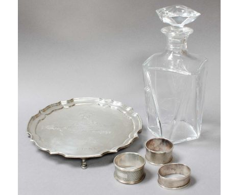 An Elizabeth II Silver Waiter by S J Rose &amp; Son, with presentation inscription, Birmingham, 1952, 20.5cm, a further three