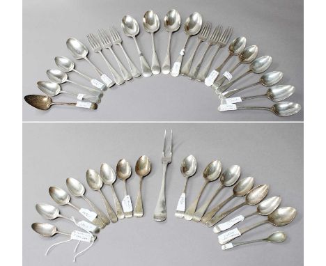 A Collection of George III and Later Silver Flatware, Various Makers and Dates, Old English pattern, comprising: 4 table-spoo