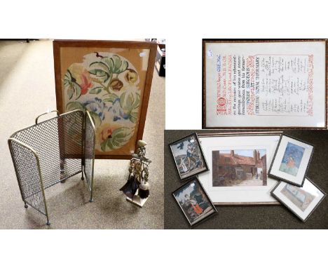 Ornamental Items, including a firescreen with embroidered panel, a brass spark guard, a brass companion set, a watercolour fa