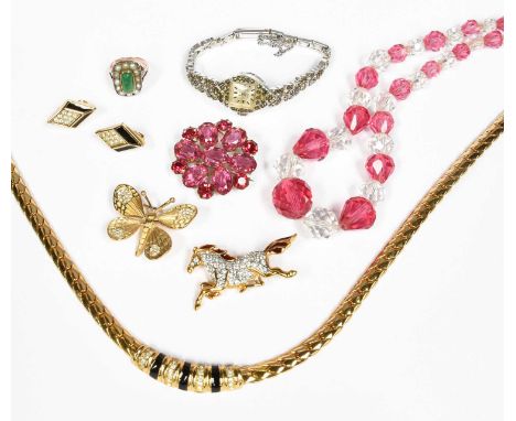 A Quantity of Jewellery, including a necklace, pair of earrings and a brooch stamped 'Chr Dior'; a paste horse brooch; a mour