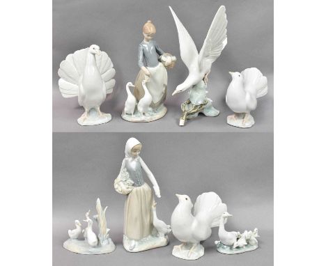 A Collection of Lladro and Nao Figures, including doves and geese (one tray)