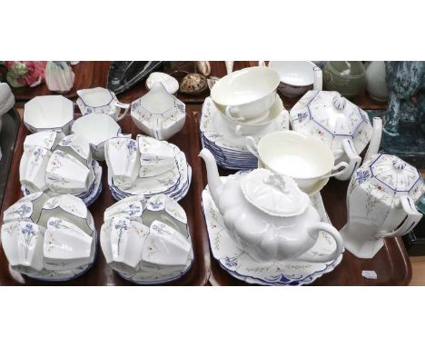 A Shelley Queen Anne Part Tea and Coffee Service, circa 1930s, printed and enamelled with Blue Iris pattern, including teapot