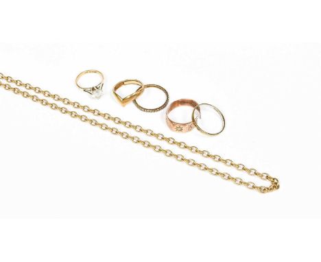 A 9 Carat Gold Trace Link Chain, length 61.5cm; Four 9 Carat Gold Rings, of varying designs (one band cut); and Another Ring,