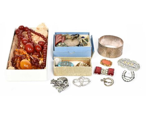 A Quantity of Jewellery, including a coral brooch; an amber bead necklace (a.f., majority of the beads require rethreading); 