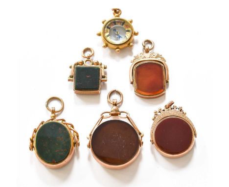 A Collection of Assorted 9 Carat Gold Fob-Seals, each swivelling and with various hand stone matrices; Together With a gilt-m