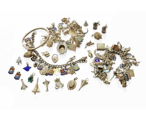 Three Silver Charm Bracelets, hung with various charms; A Quantity of Loose Charms; and A Hinged Bangle, stamped '925'Gross w