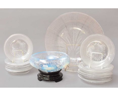 A Lalique Glass Wheatsheaf (Verneuil) Plate, 32cm diameter; together with twelve similar ice plates and an art deco opalescen