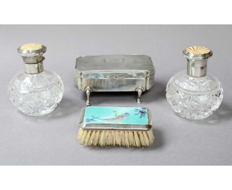 A Collection of Assorted Silver, comprising two globular scent-bottles, the silver-mounted cover with yellow enamel over an e