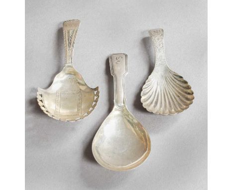 Three Caddy-Spoons, Birmingham, One 1797 One 1807 and One 1809, the first with Fiddle Thread pattern handle, engraved with an
