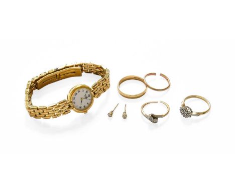 A Quantity of Jewellery, including two 9 carat gold band rings (one cut); a 9 carat gold diamond cluster ring; a diamond two 