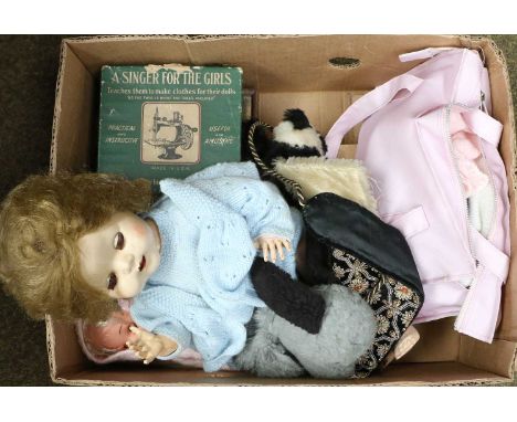 Toys, including a Merrythought Panda and a Sweep glove puppets, a walking doll, a plastic doll with a bag of clothing, a Sing