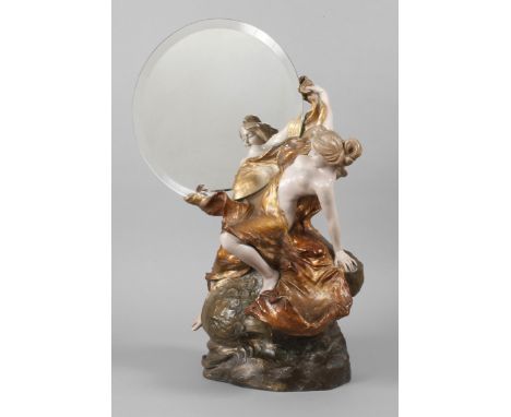 Salonspiegel junge Frau auf Delphin reitendum 1900, Goldscheider Wien?, gestempelt Made Austria, Reproduction Reservée, P. 65