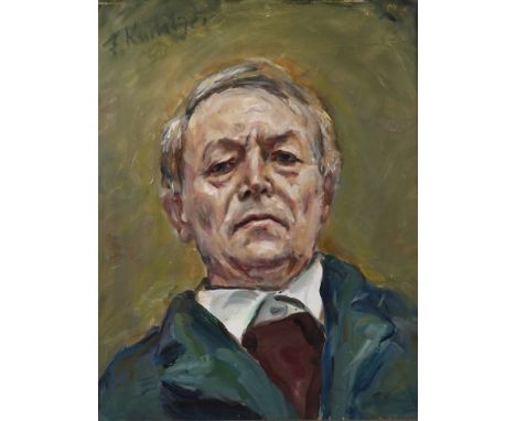 Friedrich Kunitzer, SelbstSelbstportrait des Malers vor grünlichem Grund, leicht pastose Malerei, Öl auf Leinwand und auf Spa