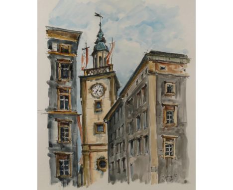 Marie Pilat, Ansicht des Salzburger RathausturmsBlick durch eine enge Salzburger Gasse auf das Alte Rathaus mit dem imposante