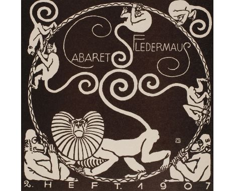 Moriz Jung, für Cabaret FledermausWerbehandzettel/Probedruck des Cabarets Fledermaus, an einem Reif turnende Affen, im oberen