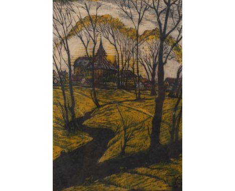 Rudolf Hirschberger, Mühltroff im Vogtlandfrühlingshafter Blick, entlang eines Bachlaufs, auf Mühltroff mit seinem Schloss, F