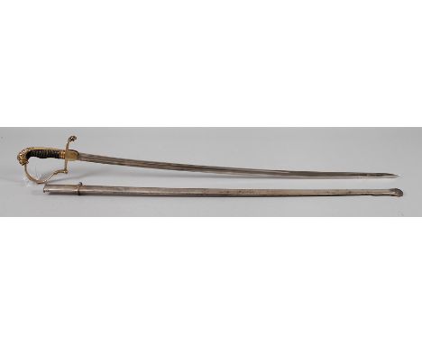 Interims-Löwenkopfsäbel Niederlandeum 1900, Messingbügelgefäß, die Lappen ohne Truppensymbol, schwarzer gerillter Griff mit d