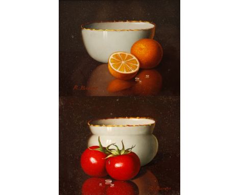 R, Berger, Paar StilllebenPorzellanschale mit Orangen und Porzellanschale mit Tomaten, fast fotorealistische Stilllebenmalere