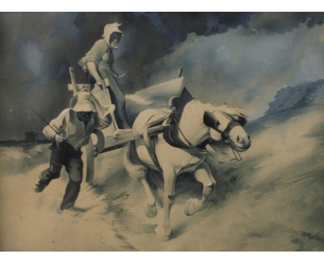 R. Schmole, Pferdewagen im Sturmsich durch einen Sturm kämpfendes Bauernpaar mit Pferdekarren, Aquarell mit Deckweiß, links u