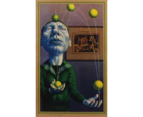 Prof. Rudolf Hausner, "Wandertag 3. b."Jongleur mit fünf Bällen vor einem historischen Foto, Farbserigraphie, unter der Darst