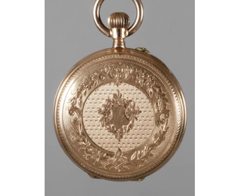 Hängeuhr Goldum 1880, gestempelt 14 K, fein guillochiertes Gehäuse, Werk mit Zylinderhemmung, Staubdeckel aus Metall, makello