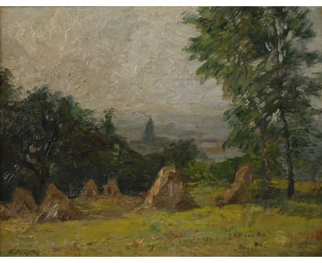 Emil Fröhlich, Landschaft bei HohburgBlick über eine baumbestandene Wiese mit Heugarben, auf eine Stadt im Hintergrund, pasto