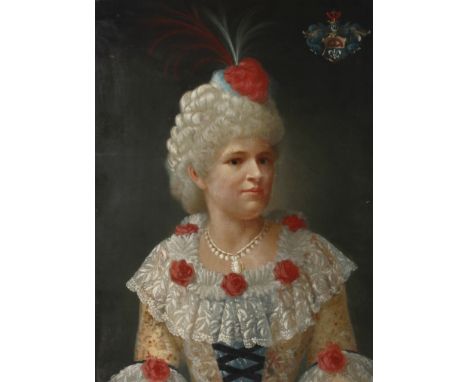 Portrait der Clara von VolckamerBrustbildnis einer jungen Frau in barocker Mode mit Perücke, rechts oben Wappen der Nürnberge