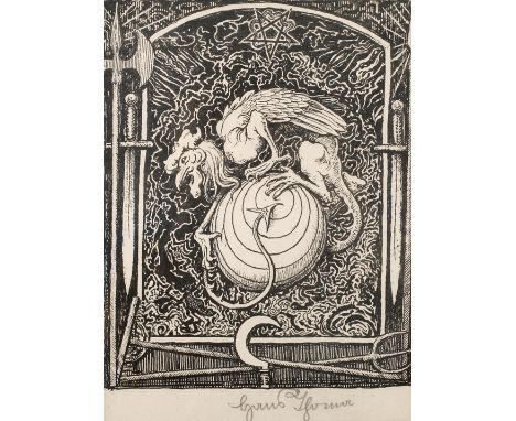 Prof. Hans Thoma, Weltungeheuerauf einer Kugel sitzender Drache, umgeben von allerlei Symbolen, Lithographie, um 1910, unter 