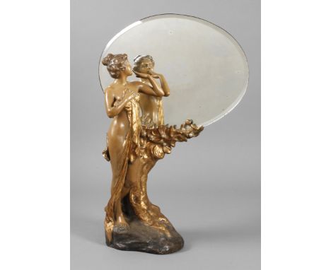 Goldscheider Wien figürlicher Salonspiegelum 1900, signiert E. Tell (Stanislaus Czapek oder Ede Telcs), Reliefmarke Sculpture