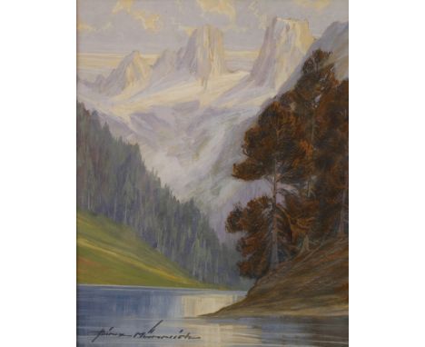 Heinz Münnich, Die drei ZinnenBlick von einem Bergsee auf den imposanten Gebirgsstock in den Dolomiten, Gouache, um 1950, lin