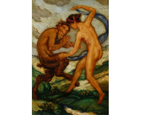 Prof. Wilhelm Süs, Faun und Mänade tanzendnackte junge Frau und auf seiner Flöte spielender Faun, beim ekstatischen Tanz in s