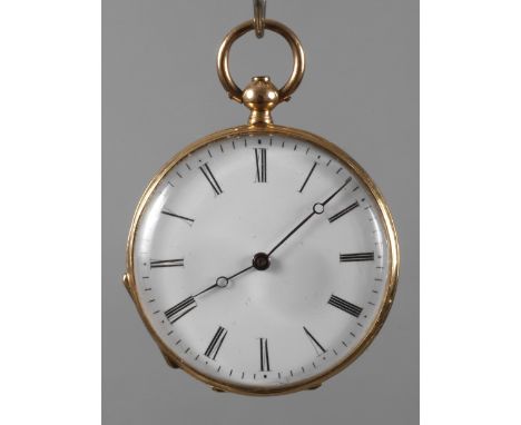 Schlüsseluhr Goldum 1870, gestempelt 18 K, fein guillochiertes Gehäuse, Werk mit Zylindergang, makelloses Emailziffernblatt m