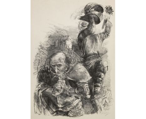 Bernhard Heisig, Ritter und BauerRitter und Bauer vor einem Strom von Menschen, Lithographie, 1975, rechts unten in Blei sign