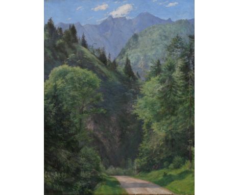 Prof. Julius Widnmann, "Bergstraße"sonnige Straße in sommerlicher Hochgebirgslandschaft, gering pastose Landschaftsmalerei, Ö