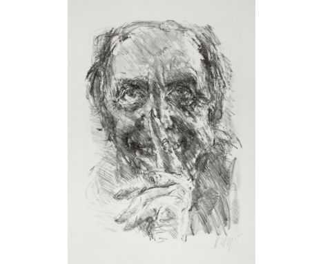 Bernhard Heisig, Selbst mit ZeigefingerSelbstportrait des Künstlers, mit erhobenem Zeigefinger und einem Lächeln im Gesicht, 