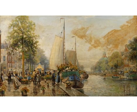 R. Hornemann, attr., Blumenmarkt in Amsterdamgeschäftiges Treiben der holländischen Blumenverkäufer an der Singel-Gracht in A