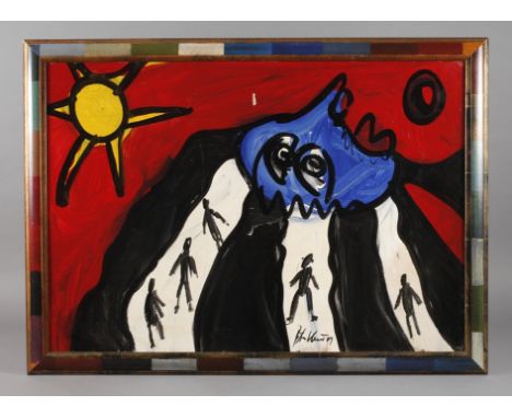 Robert Keil, Komposition mit Figurenzu einem Berg pilgernde Figuren, farbenfrohe Malerei, Acryl auf Hartfaserplatte, unten mi