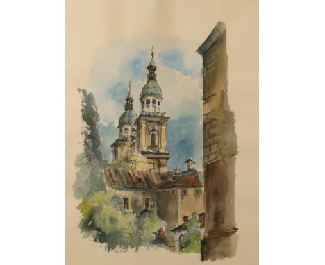 Marie Pilat, Ansicht Salzburger Domsommerliche Ansicht der Doppelturmfassade des Salzburger Doms, Mischtechnik (Aquarell über