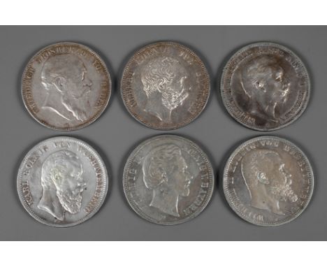 Konvolut 5 Mark KaiserreichBayern 1875, Württemberg 1875, 1903, Sachsen 1900, Baden 1907, Preußen 1902; jeweils s+ bis fast s