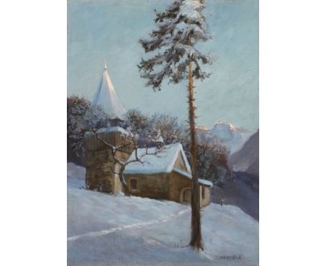 Otto Ludwig Naegele, Winterabend im Gebirgetief verschneite Winterlandschaft mit Kirche am Berg, im effektvollen Licht der un