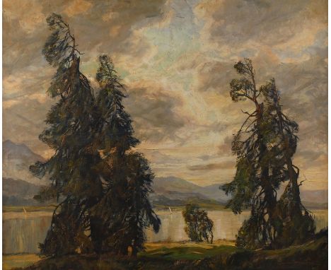 Hans Münnich, "Abendstimmung am Kochelsee"sommerliche Seeuferszene im bayerischen Voralpenland, Blick zwischen vom Sturm zerz