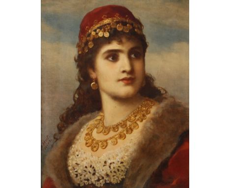 Anton Ebert, FrauenportraitBildnis einer jungen, reich geschmückten Frau, den Blick in die Ferne gerichtet, teils pastose Por