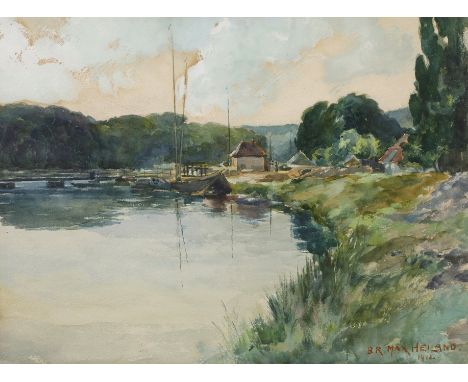 Max Heiland, Saale bei Wettinsonniger Blick entlang des Saaledamms, mit am Ufer liegendem Boot, Aquarell, rechts unten signie