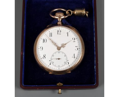 Taschenuhr Gold mit DiebstahlsicherungSchweiz, um 1900, gestempelt 585, Herstellermarke NRF im Dreieck, auf dem goldenen Stau