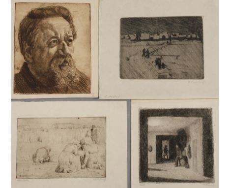 Hans Barthelmess, Konvolut Radierungenbetitelt "Stall", "Winterabend", Feldarbeiter" und ein Portrait eines älteren Mannes, R