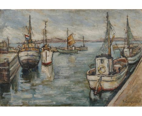 Rudolf Lunghard, Im Hafenkleiner Hafen, an einem stillen See mit einigen Fischerbooten, unter luftig bewölktem Himmel, Mischt