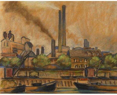 IndustrielandschaftBlick über einen Kanal mit Kähnen, auf eine imposante Industrieanlage mit teils rauchenden Schornsteinen, 