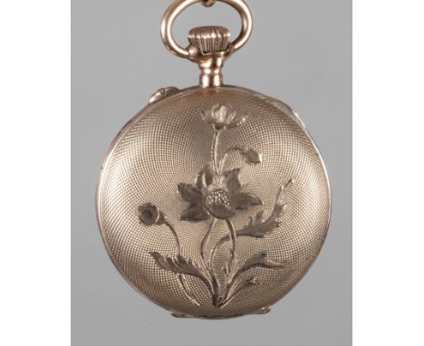 Hängeuhr Goldum 1900, floral graviertes Gehäuse aus Rotgold 8 K geprüft, Staubdeckel aus Metall, Werk mit Zylinderhemmung, fu